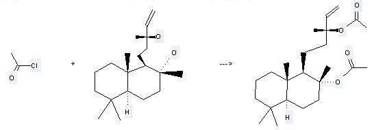 Sclareol can react with acetyl chloride to get (13R)-8,13-diacetoxy-labd-14-ene. 